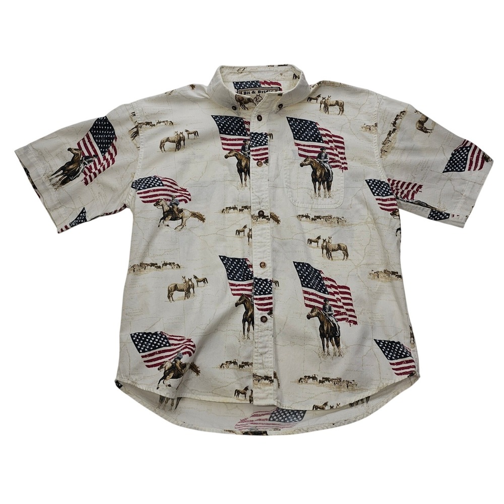 Bit & Bridle Shirt Boy Large Cream Vintage American Flag Horse Western Button Up